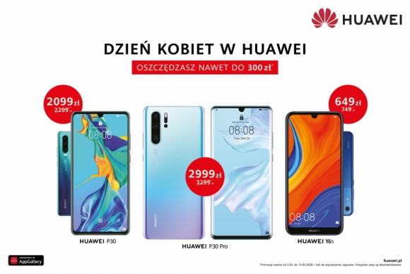 Huawei P30 Pro w wersji 256 GB, P30 i Y6s w nowych cenach na Dzień Kobiet IT i technologie, LIFESTYLE - Huawei przygotował atrakcyjną ofertę z okazji Dnia Kobiet. Smartfon Huawei P30 Pro w wersji 256 GB można teraz kupić w cenie 2 999 zł, Huawei P30 za 2 099 zł, a Huawei Y6s – 649 zł. Promocja potrwa do 15 marca lub do wyczerpania zapasów.