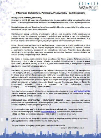 WaveNet - Informacja dla Klientów, Partnerów, Pracowników -BĄDŹ BEZPIECZNY Telekomunikacja, BIZNES - WaveNet - Informacja dla Klientów, Partnerów, Pracowników - Bądź Bezpieczny