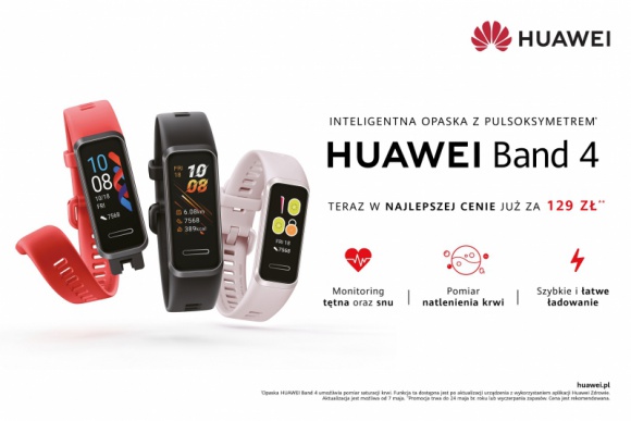 Opaska sportowa Huawei Band 4 w nowej cenie i z nową aktualizacją IT i technologie, LIFESTYLE - Huawei Band 4, inteligentna opaska sportowa z wbudowanym USB ułatwiającym ładowanie urządzenia, dostępna jest teraz w nowej rekomendowanej cenie detalicznej – 129 zł. .